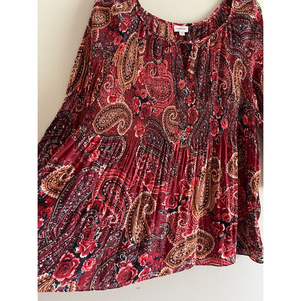 Avenue Red Colorful Boho Top Plus Size 22 24 Pleated Paisley Bell Sleeves - Picture 3 of 10